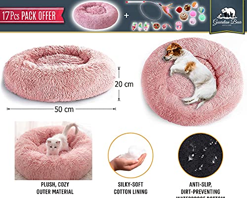 Cama Gato Antiestrés con 16 Juguetes para Gatos, Cama para Gatos Suave Redonda Tipo Donut de 50cm. y Pack de Juguetes para Gatos, Cama para Gatos de Lujo Lavable a Máquina. (Cat Toys Rosa)