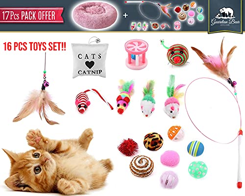 Cama Gato Antiestrés con 16 Juguetes para Gatos, Cama para Gatos Suave Redonda Tipo Donut de 50cm. y Pack de Juguetes para Gatos, Cama para Gatos de Lujo Lavable a Máquina. (Cat Toys Rosa)