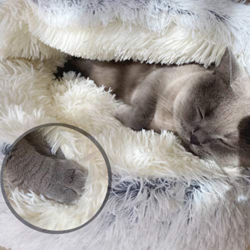 Cama para gatos, de felpa suave, con forma de cueva; casa para gatos en interiores y cojín para dormir, cálida para invierno, antideslizante, extraíble y lavable