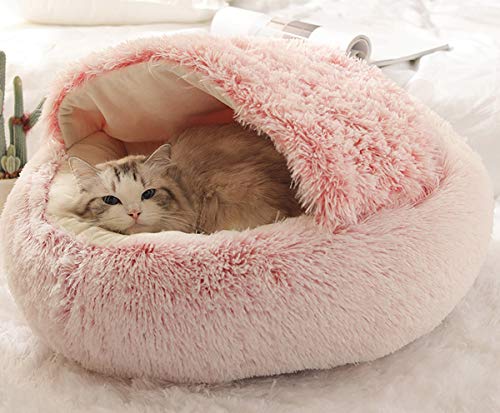 Cama para gatos, de felpa suave, con forma de cueva; casa para gatos en interiores y cojín para dormir, cálida para invierno, antideslizante, extraíble y lavable