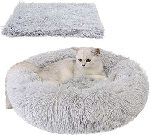 Cama para Mascotas, Cama para Gatos con una Alfombra Suave, Cama Redondo para Gatos Perros, Cama Suave de Felpa para Mascotas (Gris Clara+60 cm)