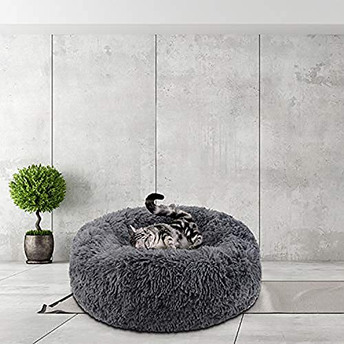 Cama para Mascotas, Cama para Gatos con una Alfombra Suave, Cama Redondo para Gatos Perros, Cama Suave de Felpa para Mascotas (Gris Oscuro 60 CM)