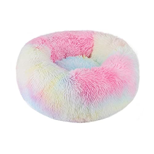 Cama para perros de lujo suave de felpa para perros, saco de dormir de forma redonda, perrera, sofá, cama, casa para mascotas, cama para mascotas (color: arco iris, tamaño: S diámetro 50 cm)