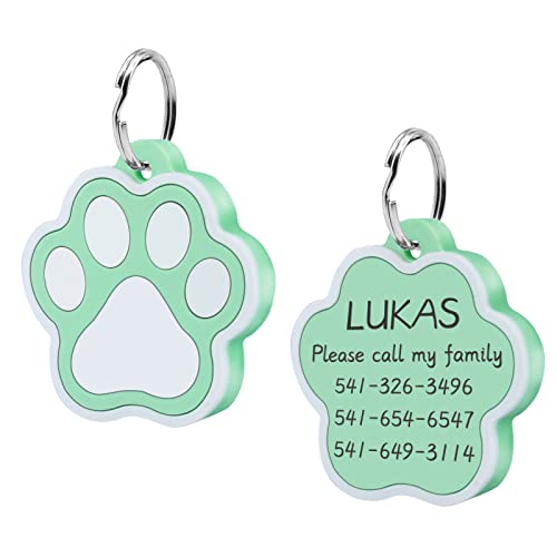 CAMAL 2 Piezas Chapa Perro Grabada, Silenciosa Silicona Chapas Personalizadas, Placa de Identificación Personalizada para Collar Perro Gato Mascota Grabada, Forma de Huella, Verde