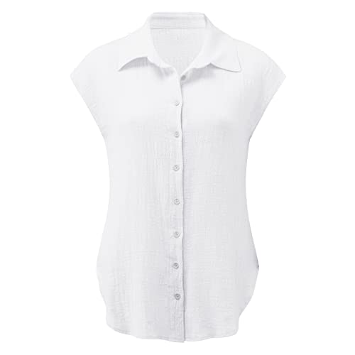 Camiseta transpirable de manga corta para mujer, para verano, cómoda, informal, holgada, túnica, cuello vuelto, de un solo color., Blanco, XL