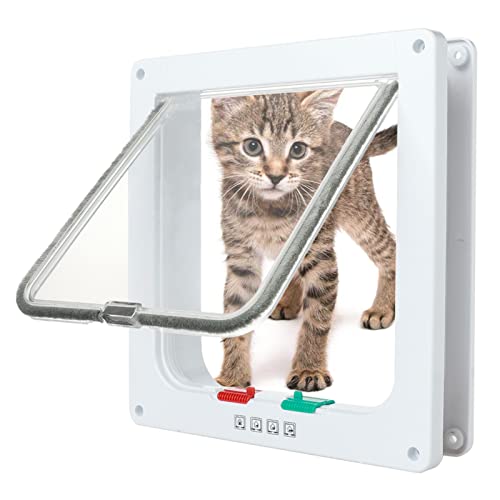 Carrera para gato puerta para animales de compañía, para gatos y perros pequeños, bloqueo de 4 vías para gatos y perros pequeños, fácil de instalar y usar (blanco), 25 x 23 x 5,5 cm