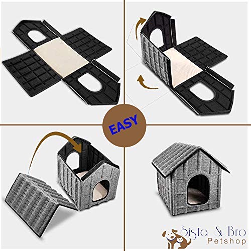 Casa Cabana para gato exterior o interior, material impermeable + cama interior suave y cómoda, extraíble plegable fácil de poner 50 x 42 x 42 cm para gatos conejos cachorros perros.