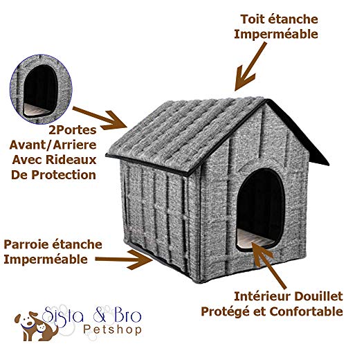 Casa Cabana para gato exterior o interior, material impermeable + cama interior suave y cómoda, extraíble plegable fácil de poner 50 x 42 x 42 cm para gatos conejos cachorros perros.