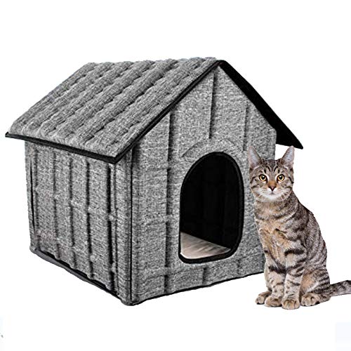 Casa Cabana para gato exterior o interior, material impermeable + cama interior suave y cómoda, extraíble plegable fácil de poner 50 x 42 x 42 cm para gatos conejos cachorros perros.