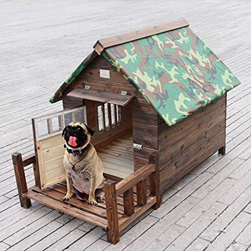 Casa para Perros de Madera al Aire Libre con Ventanas de la Puerta del Porche Cabaña de Troncos para Mascotas Perrera Resistente a la Intemperie Impermeable con Techo extraíble Mue