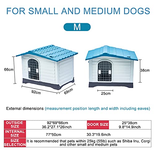 Caseta para Perro, Caseta Perros Exterior Grande, Caseta Perro Mediano Exterior, Caseta para Perros en Resina, Casa Perro Interior, Resistente Aislada Impermeable Azul + Blanco(Size:M:(1-25kg animal))