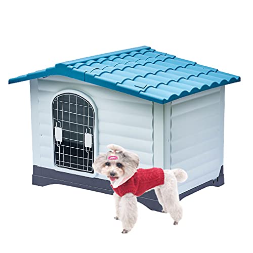 Caseta para Perro, Caseta Perros Exterior Grande, Caseta Perro Mediano Exterior, Caseta para Perros en Resina, Casa Perro Interior, Resistente Aislada Impermeable Azul + Blanco(Size:M:(1-25kg animal))