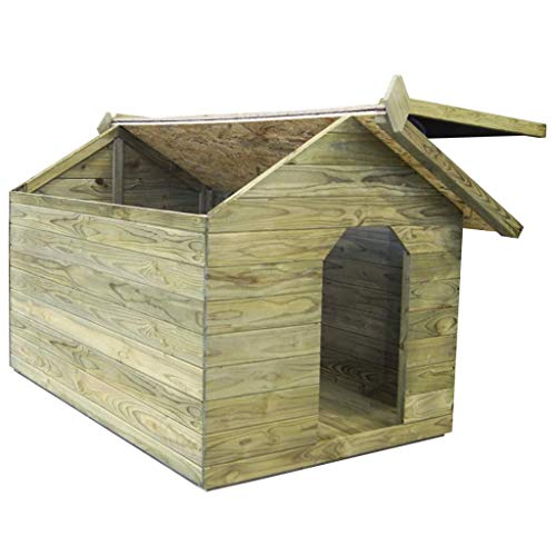 Caseta para perros de exterior, casetas para perros con techo abatible, cama para perros de madera impregnada FSC, impermeable, fácil de mantener (104,5 x 153,5 x 94 cm)