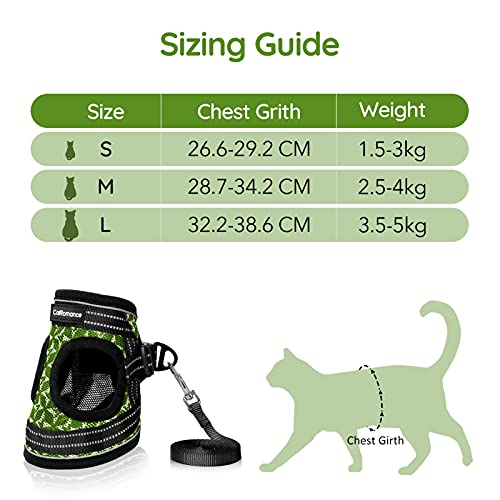 CatRomance Arnés Gato Antiescape y Ajustable con Correa de 150 cm, Arnés Chaleco Gato Reflectante de Tela de Malla Suave y Transpirable para Caminar, Entrenar, Gatos Bebes y Pequeños, Verde, S