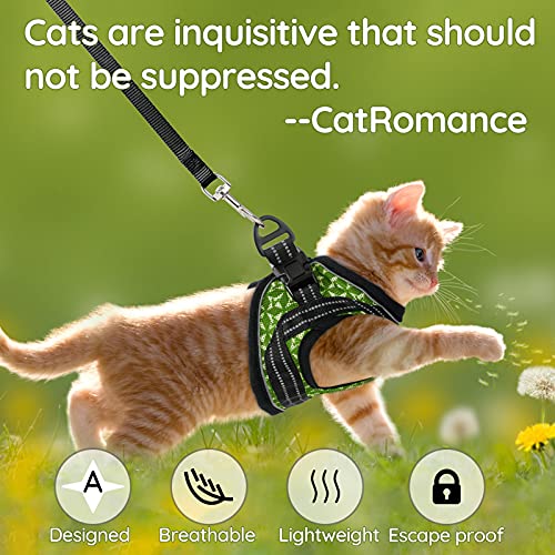 CatRomance Arnés Gato Antiescape y Ajustable con Correa de 150 cm, Arnés Chaleco Gato Reflectante de Tela de Malla Suave y Transpirable para Caminar, Entrenar, Gatos Bebes y Pequeños, Verde, S