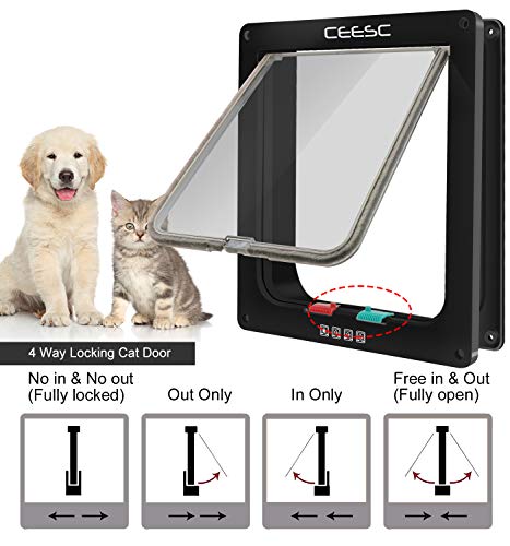 CEESC Puerta Grande para Gatos (tamaño exterior 28 cm x 24,9 cm), bloqueo de 4 vías para gatos y perros pequeños de circunferencia <63 cm, fácil de instalar y de usar