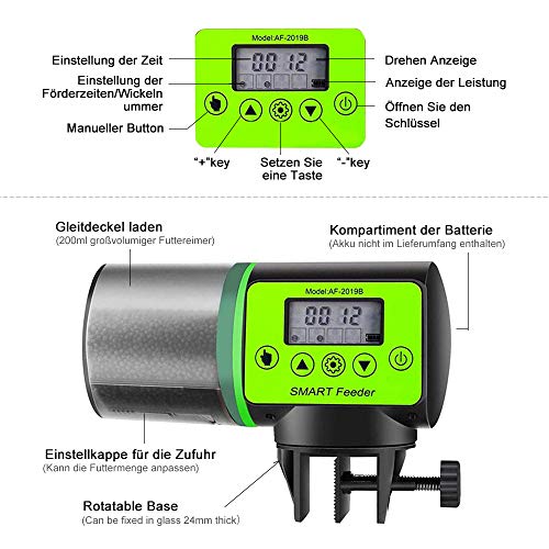 Cenblue Alimentador automático para acuario, dispensador automático para peces, 200 ml de capacidad, dispensador automático de alimento con temporizador digital y anillo de alimentación para peces.