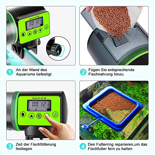 Cenblue Alimentador automático para acuario, dispensador automático para peces, 200 ml de capacidad, dispensador automático de alimento con temporizador digital y anillo de alimentación para peces.