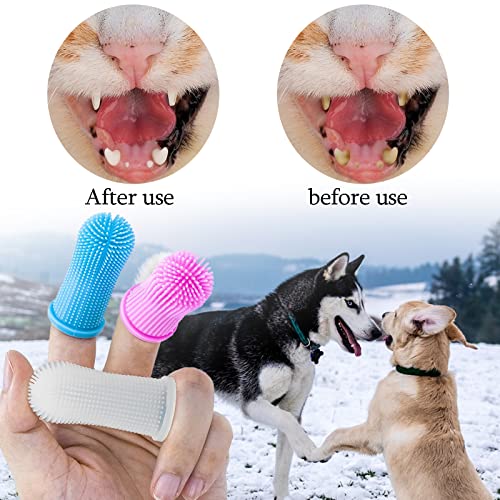 Cepillo de Dientes para Perros y Gatos de Dedo para Mascotas 3 Pcs 360º Silicona Perro Pequeño Dientes Limpios Prevenir el mal Aliento del Perro Quita el Sarro de Los Perros.（Azul Rosa Transparente）