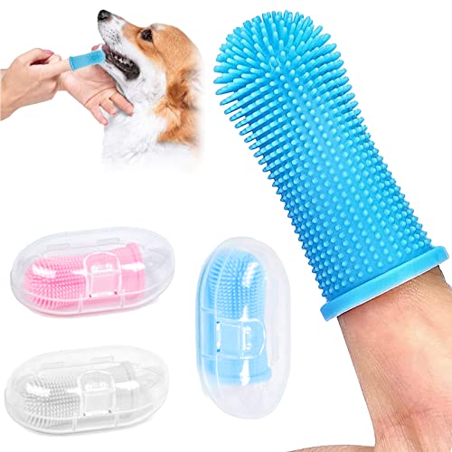 Cepillo de Dientes para Perros y Gatos de Dedo para Mascotas 3 Pcs 360º Silicona Perro Pequeño Dientes Limpios Prevenir el mal Aliento del Perro Quita el Sarro de Los Perros.（Azul Rosa Transparente）