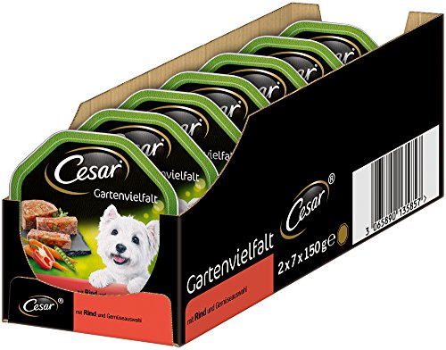 César - Alimentos húmedos para Perros, Variedad de jardín, Carne de res y verduras, 7 paquetes, (7 x 2 tazones x 150 g)