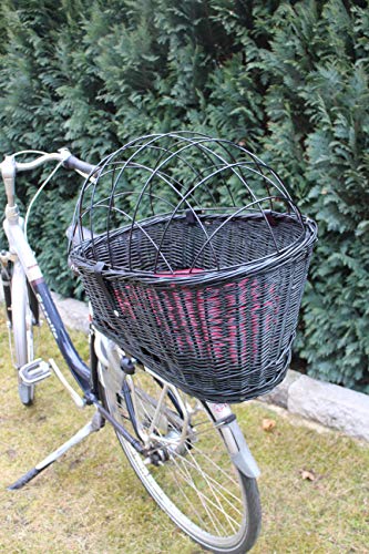 Cesta de bicicleta para perros para portaequipajes de mimbre con rejilla metálica y cojín, color negro, XL o XXL, cesta portaequipajes de mimbre, cesta para