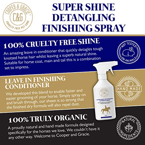 C&G Pets | Horse Super Shine Spray de acabado desenredante 500 ml | Acondicionador repelente de polvo | Ingredientes naturales | Protege el brillo natural de la cola