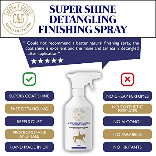 C&G Pets | Horse Super Shine Spray de acabado desenredante 500 ml | Acondicionador repelente de polvo | Ingredientes naturales | Protege el brillo natural de la cola