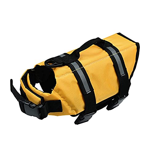 Chaleco Salvavidas para Perro con Flotador Delantero, Perros Seguridad Natación Ropa con Quick Release Ajuste Fácil Cinturón Ajustable (Amarillo, Small)