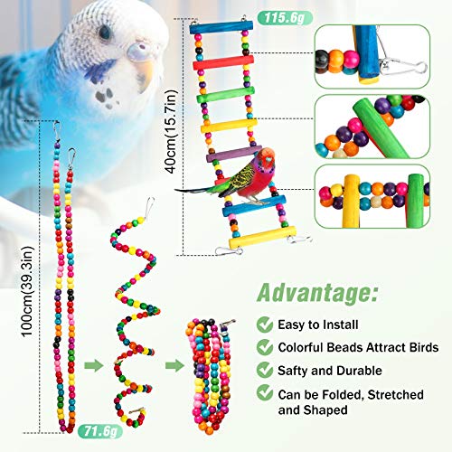 Chikanb 10 Piezas Juguetes para Pájaros, Juguetes para Columpio para Loros Accesorios, Madera Natural Jaula Pajaros Juguete de Mordida para Periquitos Africanos Grises Conures Cacatúas