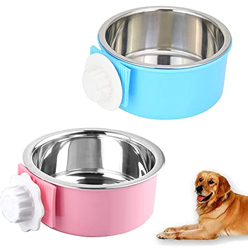 Colgando Cuenco Comedero,2 Piezas Cuenco de Jaula para Perros 2 en 1,Cuenco Extraíble para Perros,Tazón de Comida de Doble Propósito para Colgar y Aterrizar para Gato,Conejo,Pájaro(Azul,Rosa)