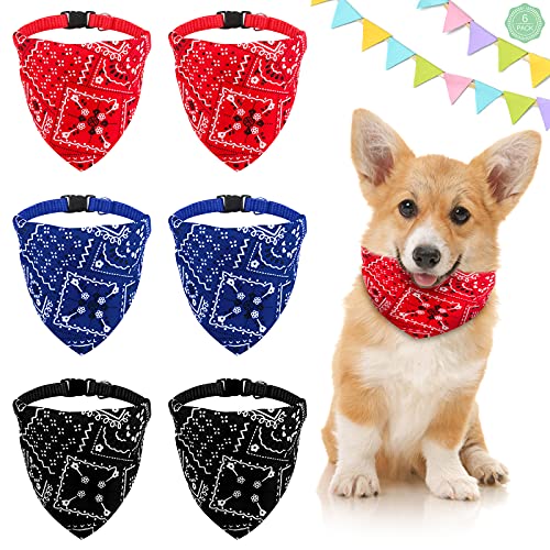 Collar Ajustable con Bandana para Perro Lindo 6 Piezas Pañuelo para Mascota Triángulo de Moda, Bandana Lavable para Perro de Negro Azul y Rojo, Baberos para Cachorro y Gato (S,Rango Ajustable 24-35cm)