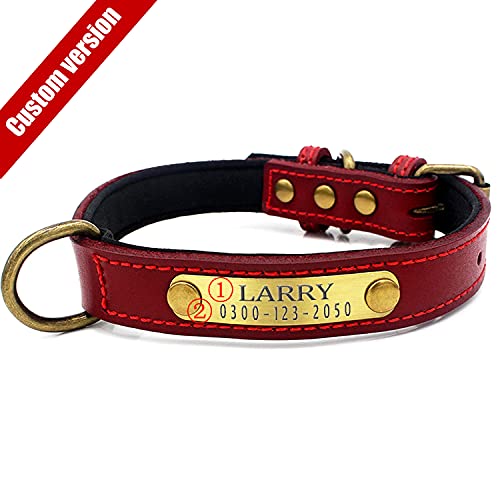 Collar Cuero Suave Acolchado Ajustable Personalizados para Perros Cachorro con Etiqueta de Nombre Grabado Collar Perro Grande Mediano Pequeño Rojo