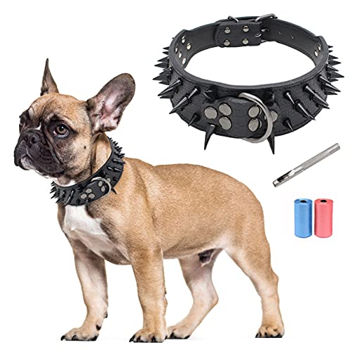 Collar de cuero para perro, elegantes individualidad collar de perro con pinchos tachuelas, anti-mordida, ajustable ajuste para perros medianos y grandes, perforadora de cuero gratis y bolsa de basura