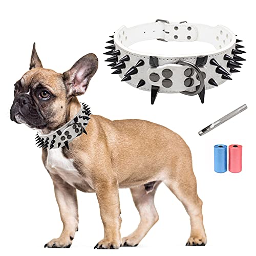 Collar de cuero para perro, elegantes individualidad collar de perro con pinchos tachuelas, anti-mordida, ajustable ajuste para perros medianos y grandes, perforadora de cuero gratis y bolsa de basura