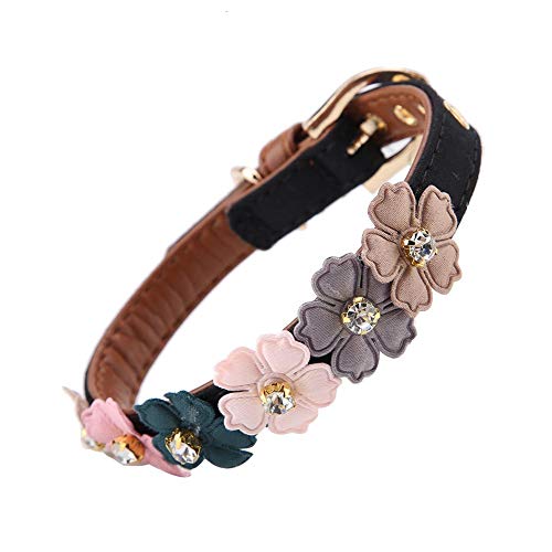 Collar de Flor de Diamante para Perro Mascota, Collar de Hebilla de Collar de Mascota de Cuero de PU Ajustable Collar para Accesorio de joyería de Collar de Cachorro(1.3 * 34cm-Negro)