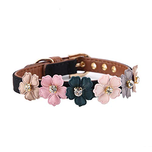 Collar de Flor de Diamante para Perro Mascota, Collar de Hebilla de Collar de Mascota de Cuero de PU Ajustable Collar para Accesorio de joyería de Collar de Cachorro(1.3 * 34cm-Negro)