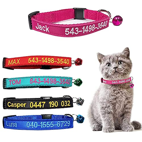 Collar de Gato Personalizado con Campana, Collar de Gato con Hebilla de liberación de Seguridad, Nombre de identificación de Mascota Bordado Tel en el Collar de Gatito