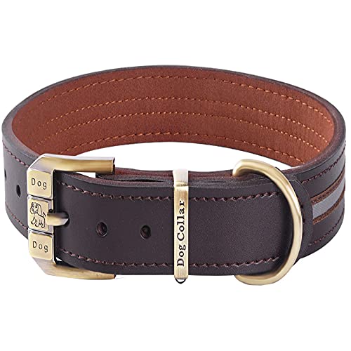 Collar de perro de cuero genuino reflectante acolchado suave para collares de perro de raza mediana grande y extra grande (marrón M (cuello 34.5cm-44.5cm))