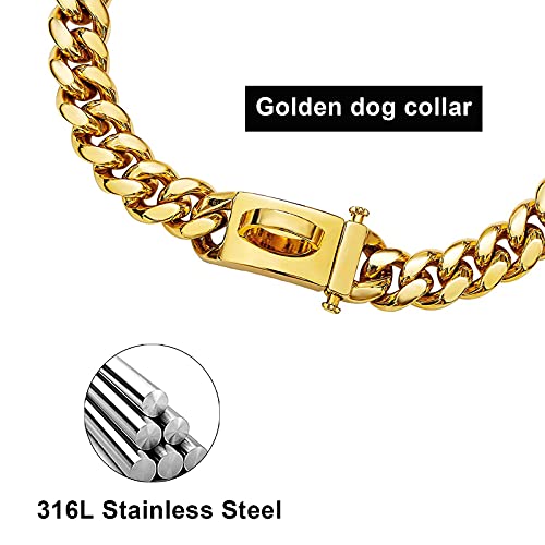 Collar de Perro Dorado con Cadena para Perro con Hebilla sólida, Resistente a la masticación, Collar de Acero Inoxidable Resistente, Collar de eslabones cubanos Brillantes con Cerradura de circonita