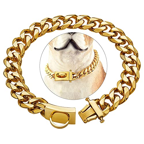 Collar de Perro Dorado con Cadena para Perro con Hebilla sólida, Resistente a la masticación, Collar de Acero Inoxidable Resistente, Collar de eslabones cubanos Brillantes con Cerradura de circonita