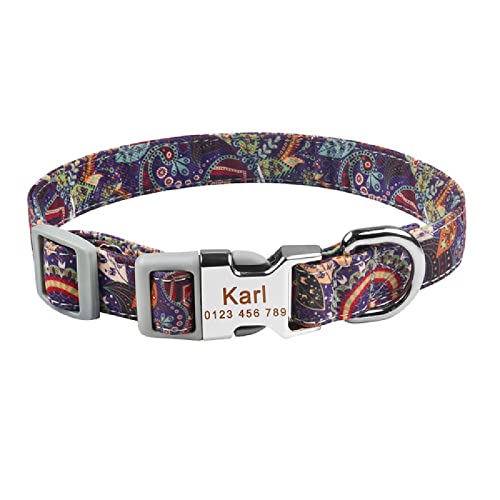 Collar de Perro Unisex de Tela Escocesa de Nailon Ajustable Personalizado Personalizado Etiqueta de Nombre grabada Gratis Collar de Perro Producto pequeño y Grande Collares de Perro, Flores de