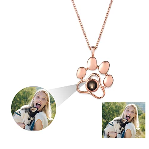 Collar de Proyección Foto Personalizado Impresión de la Pata Collares Colgantes, Personalizada Perro de Gato Foto Mascotas Memoria Collar Regalos de Cumpleaños para Mujer, Niñas, Esposa (Oro rosa)