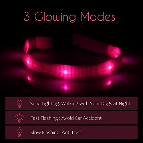 Collar Luminoso de Perro LED para Perros Pequeños Collar de Perro Iluminado para Cachorros, Collar de Perro Intermitente Recargable, Ajustable con 3 Modos Súper Brillante - Rosado