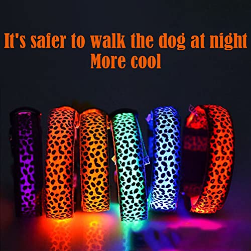 Collar Luminoso Perro de Mascota LED, Leopardo, Collares básicos, Brillante, Seguro 3 Modos, Perros Pequeños, Medianos y Grandes, Recargable USB