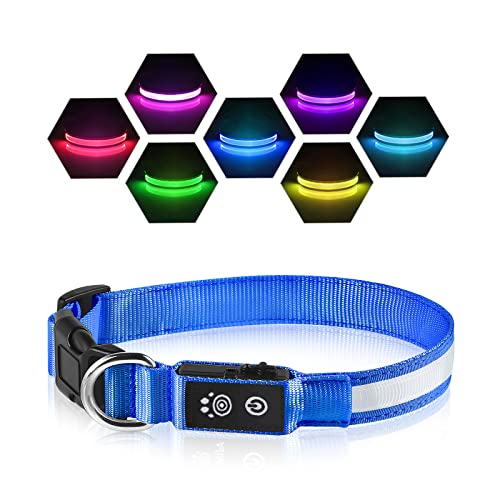 Collar Luminoso Perro Recargable PcEoTllar 7 Colores Intercambiables Collar Luminoso LED Perro Impermeable Ajustable SúPer Brillante para Perros Grandes Medianos PequeñOs - Azul M