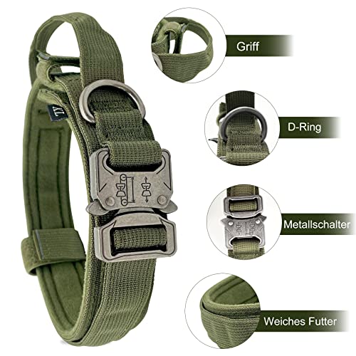 Collar para Perro Ajustable asa de Control, Collar para Perro Perros Grandes Tácticos con Hebilla de Metal, Collares para Perros Anchos 3.8CM, Collar K9 Nylon L Verde