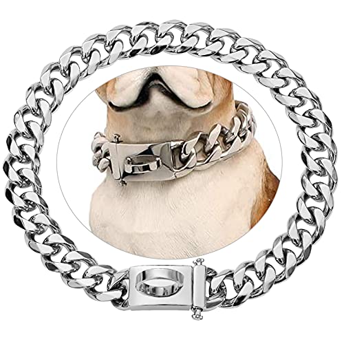 Collar para perros de plata, collar inoxidable con hebilla de seguridad, cadena de metal, resistente a la masticación de 15 mm, hebilla para perro