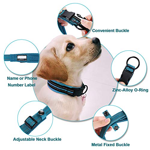 Collar para Perros Pequeños Grandes Medianos Reflectante Suave Acolchado Impermeable Ajustable Transpirable con Etiqueta de Nombre para Caminar Correr Trekking Entrenamiento (Azul, S)