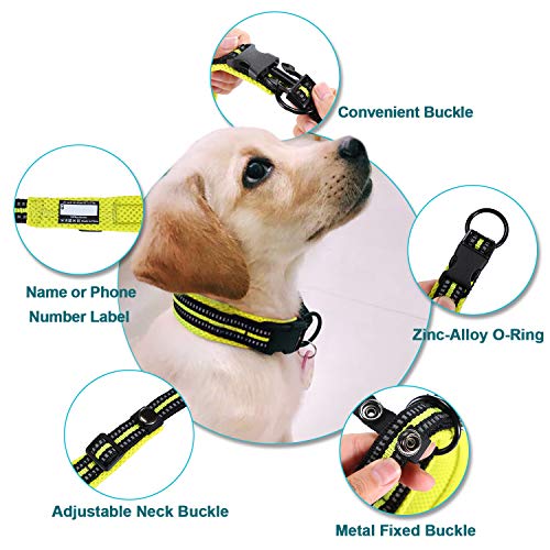 Collar para Perros Pequeños Grandes Medianos Reflectante Suave Acolchado Impermeable Ajustable Transpirable con Etiqueta de Nombre para Caminar Correr Trekking Entrenamiento (Verde, M)